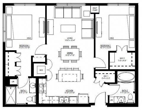 Floor plan for 2 beds, 2 baths, 1036 sqft
